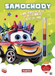 KOLOROWANKA SAMOCHODY Z KREDKĄ I NAKLEJKAMI