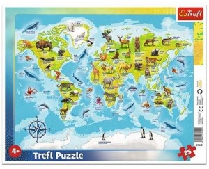 PUZZLE RAMKOWE 25 MAPA ŚWIATA ZE ZWIERZĘTAMI TREFL