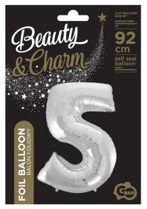 BALON FOLIOWY CYFRA 5 BEAUTY&CHARM SREBRNA 92CM