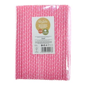 SŁOMKI PAPIEROWE RÓŻOWE W BIAŁE KROPKI 144SZT