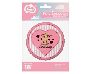 BALON FOLIOWY 1ST BIRTHDAY, RÓŻOWY 45 CM