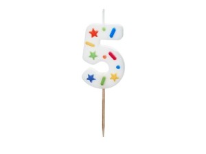 ŚWIECZKA URODZINOWA 5 BIAŁA KONFETTI 5.5CM