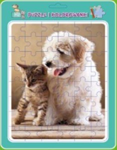 PUZZLE W RAMCE Z KOLOROWANKĄ. PIESEK Z KOTKIEM