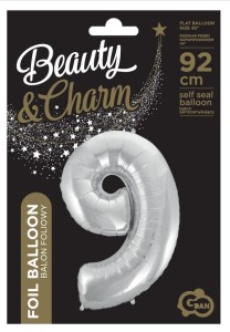 BALON FOLIOWY CYFRA 9 BEAUTY&CHARM SREBRNA 92CM