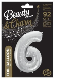 BALON FOLIOWY CYFRA 6 BEAUTY&CHARM SREBRNA 92CM