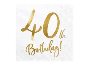 SERWETKI 40TH BIRTHDAY BIAŁE 33X33CM 20SZT