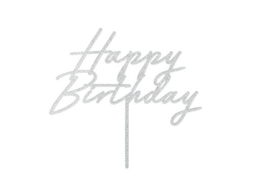 Topper na tort Happy Birthday srebrny 18x16,5cm