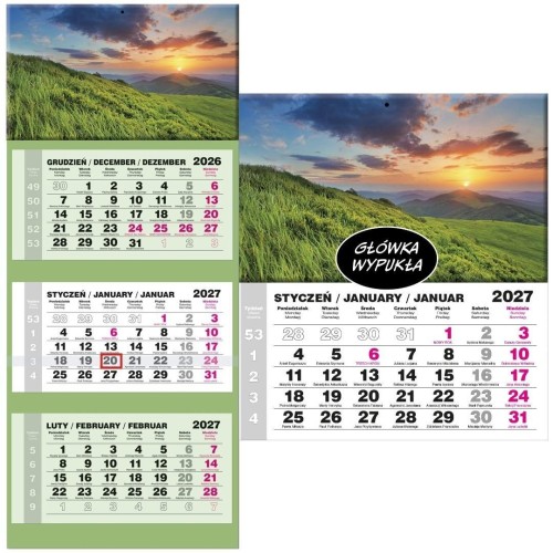 Kalendarz 2027 trójdzielny LUX wypukły Bieszczady